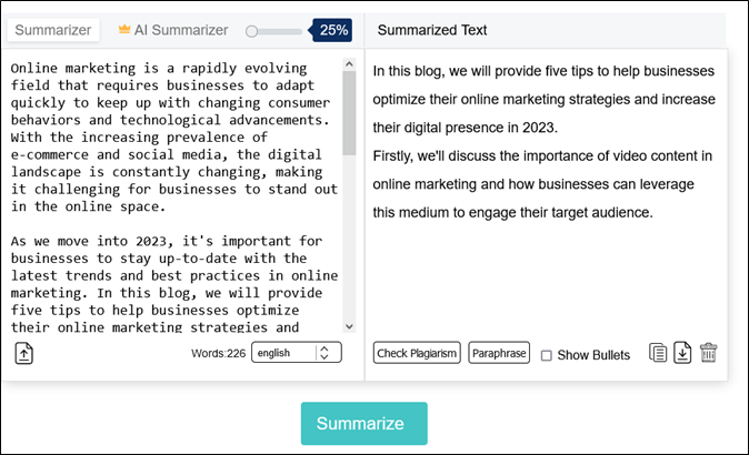 summarize text with percentage